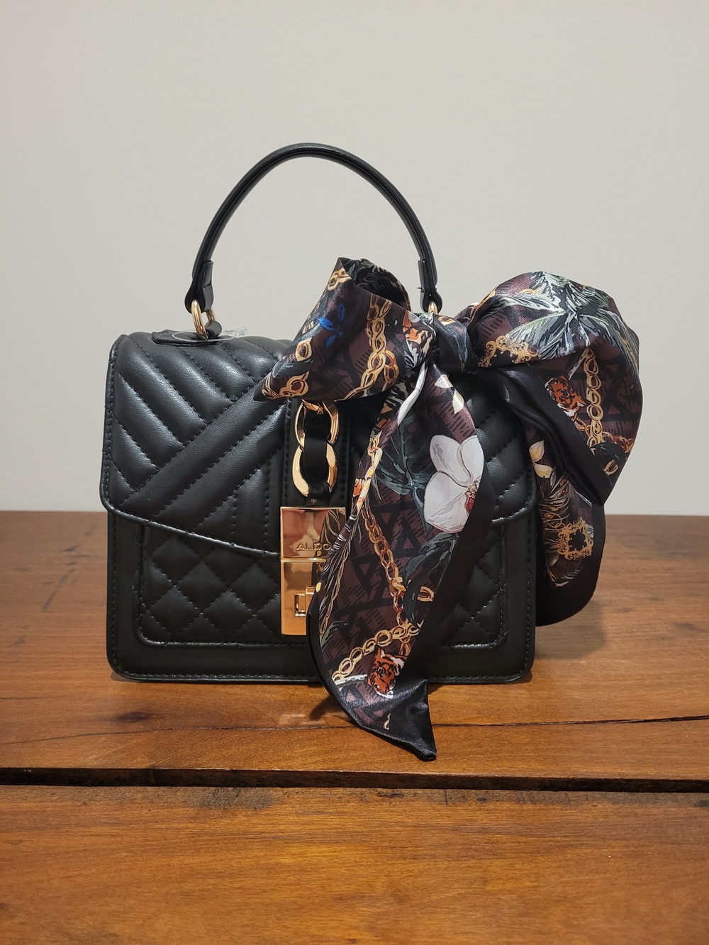 Aldo Black Quilted Top-Handle Bag with Patterned Scarf